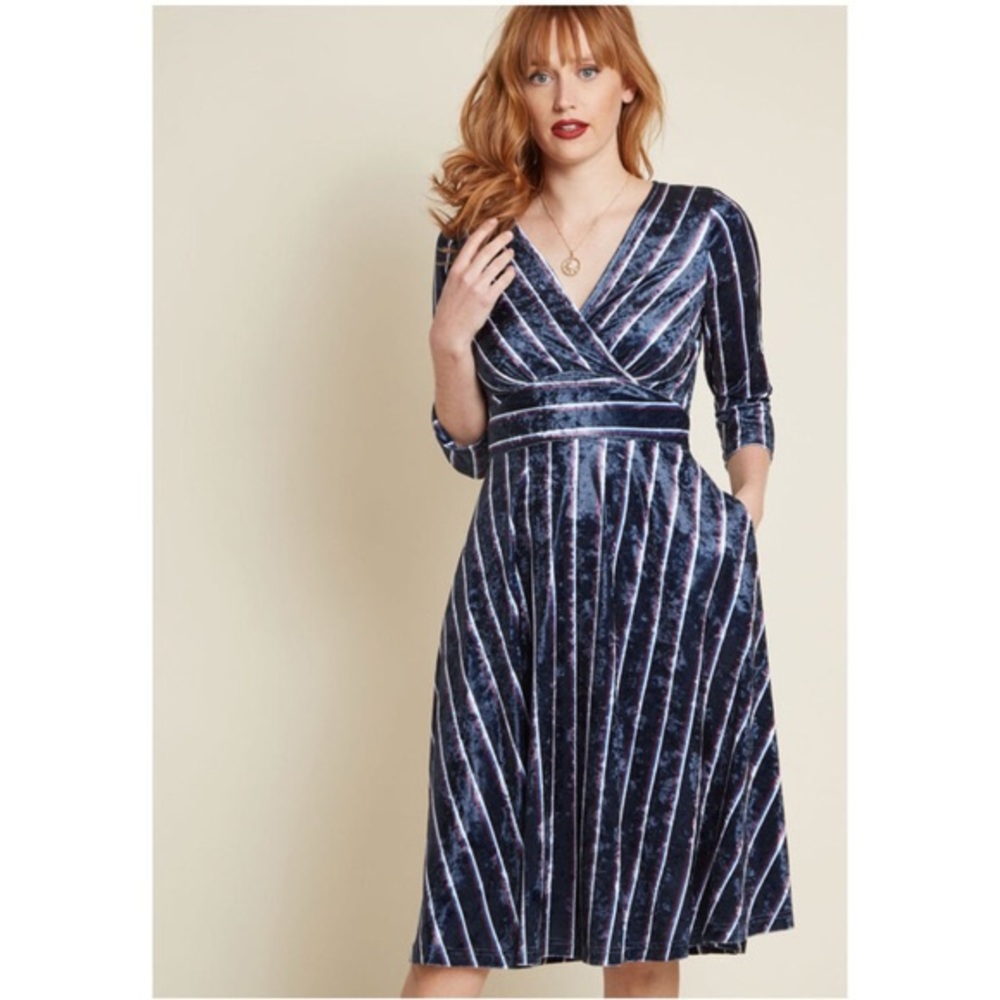 ModCloth Chic Fit Flare Blue Velvet Medi dress